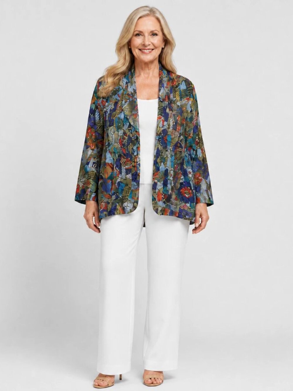 Chico’s 100% Silk Open Front Jacket Size 3 – Boho Artsy Multicolor Lightweight